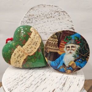 Set Of 2 Vintage Music Themed Ornaments Wooden Paper Mache Santa Heart Box